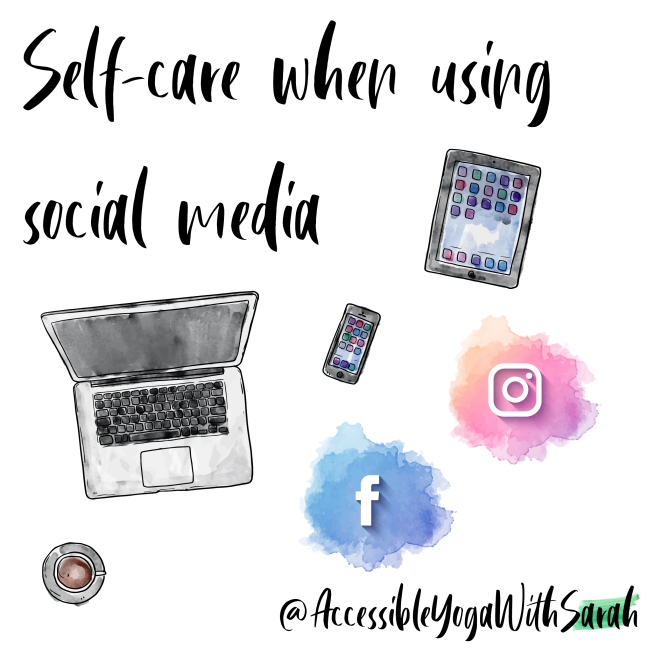 Text: Self-care when using social media. Images: Watercolour images of devices and social media icons,